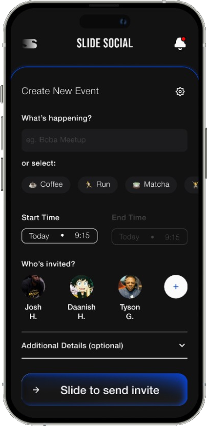 Slide Social Create Event screen