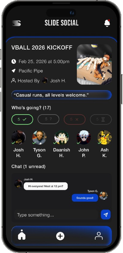 Slide Social Event Details screen